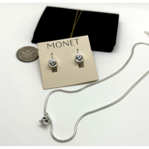 Monet Silver Tone CZ Solitaire Choker Necklace & Leverback Earrings Set Signed - Picture 2 of 10